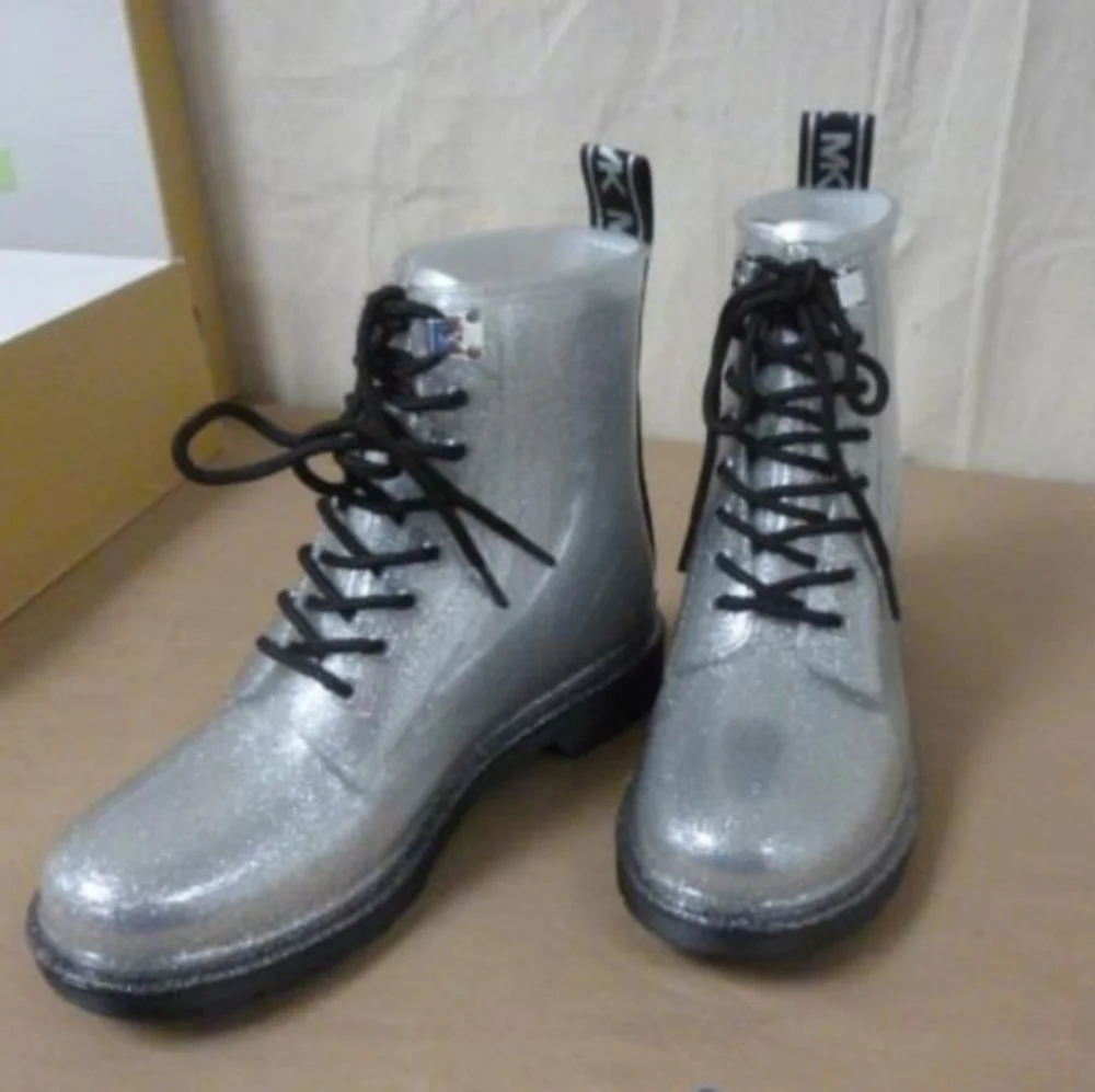 Michael Kors Silver Glitter Tavie Rainbootie Combat Boots Women's Size 8 NWT